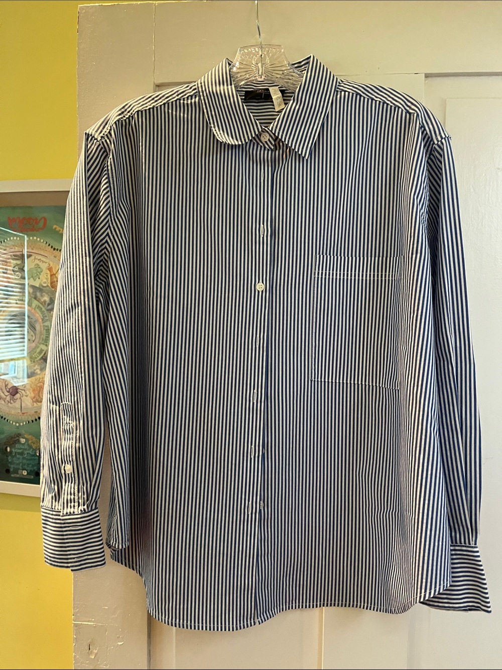 Tahari Navy and White Vertical Stripe Button-Down Shirt